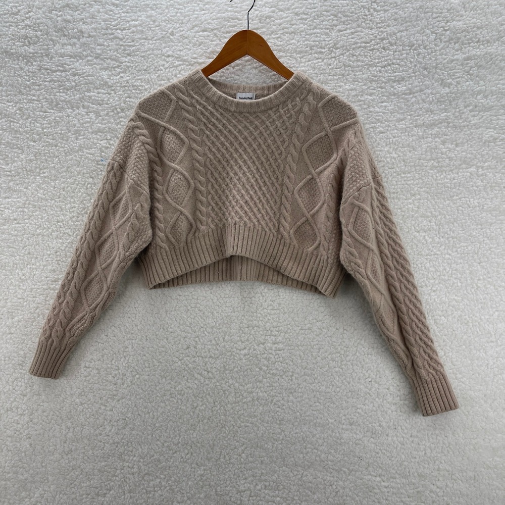 Sunday Best Sweater Womens XS Beige Cable Knit Merino Wool Blend Cropped Preppy